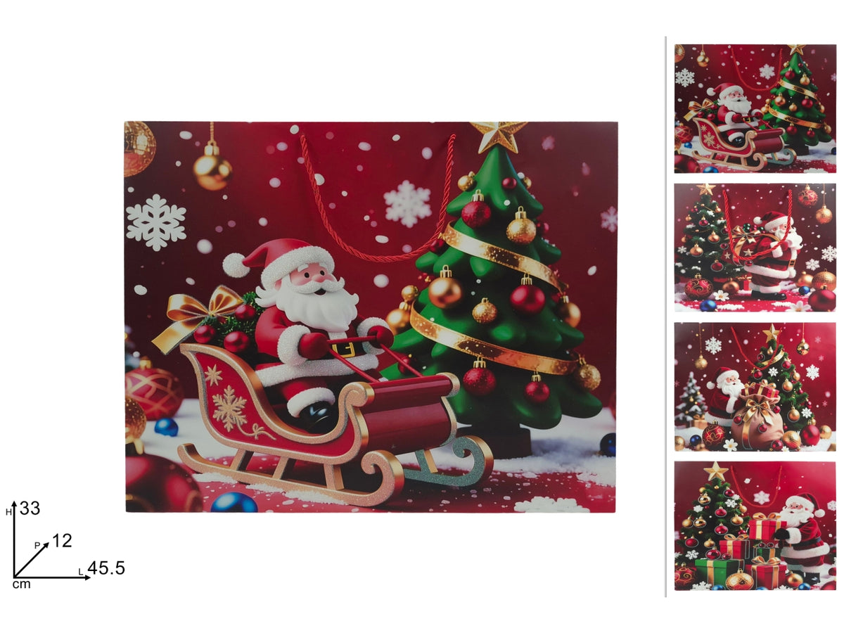 Shopper regalo orizzontale 45,5x33x12cm con Babbo Natale glitterato, 4 assortimenti