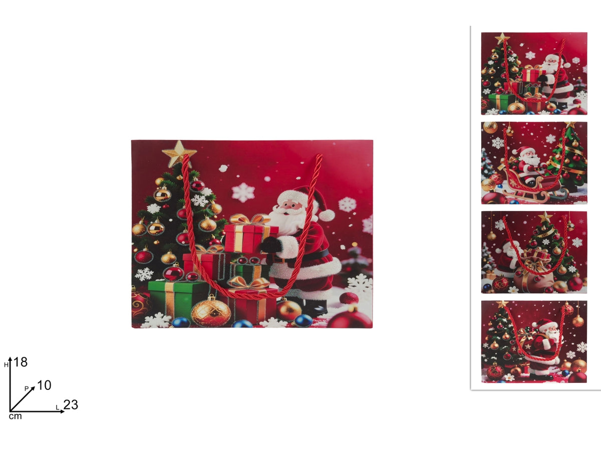 Shopper regalo orizzontale 23x18x10cm con Babbo Natale glitterato, 4 assortimenti