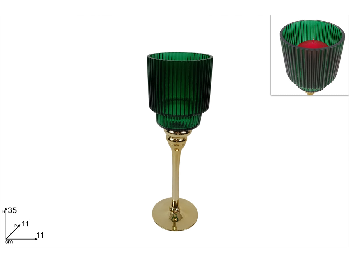 Portacandela a calice in vetro da 35cm, colore verde