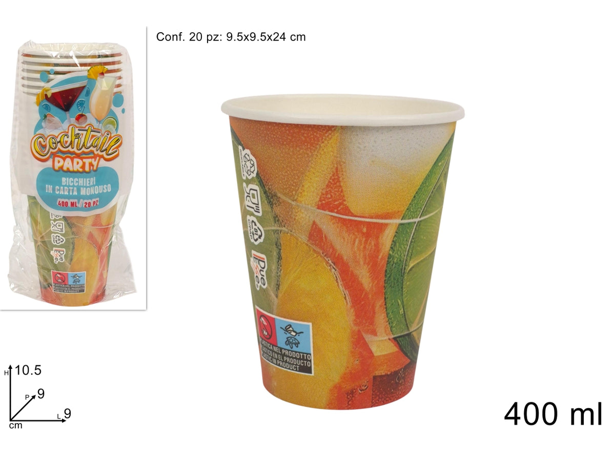 Bicchieri di carta cocktail 400ml set da 20 bicchieri fantasia frutta