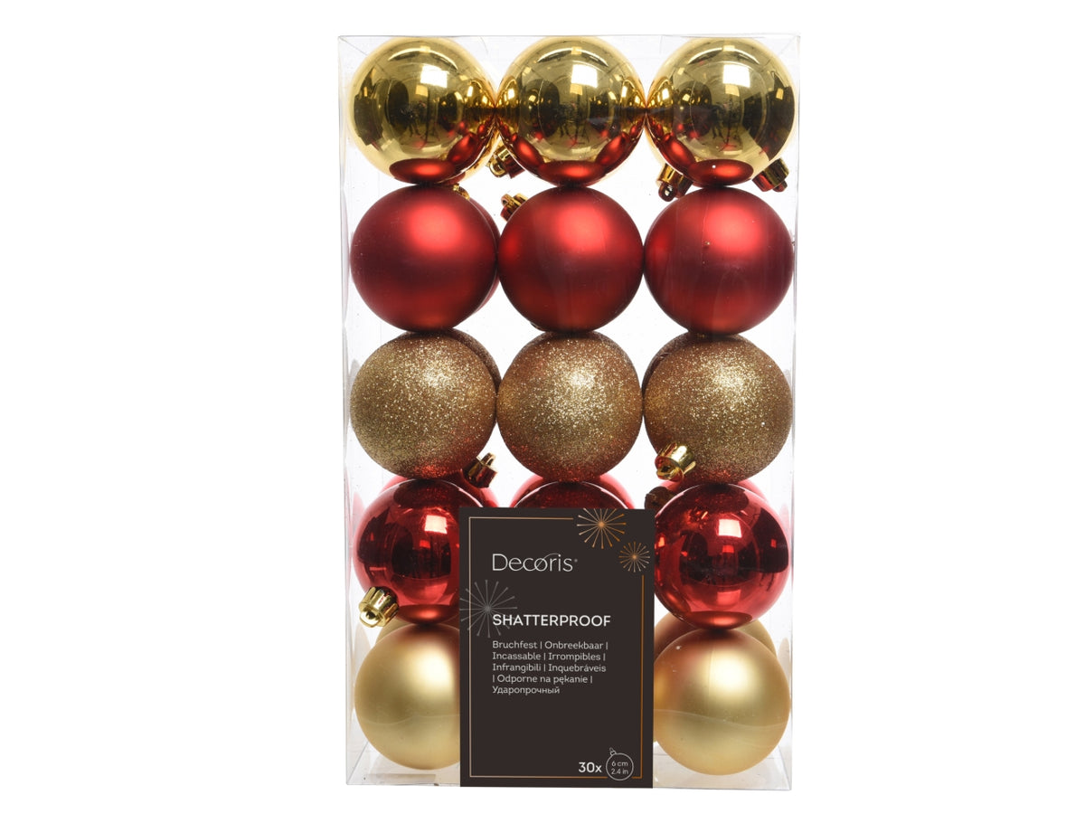 Palla di Natale 6cm in confezione da 30 pezzi oro e rosso lucida, opaco, glitterata