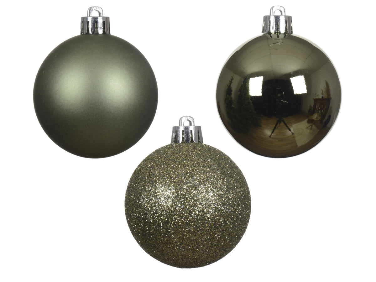 Palla di Natale 6cm in confezione da 10 pezzi verde rosmarino lucida, opaco, glitterata