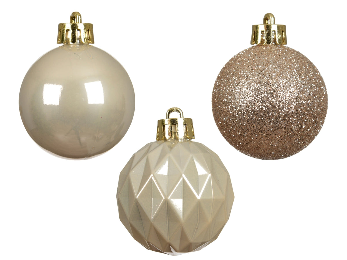 Palla di Natale 4cm in confezione da 18 pezzi beige lucida, opaco, glitterata