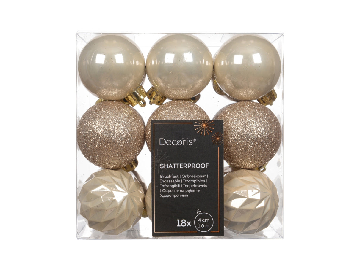 Palla di Natale 4cm in confezione da 18 pezzi beige lucida, opaco, glitterata