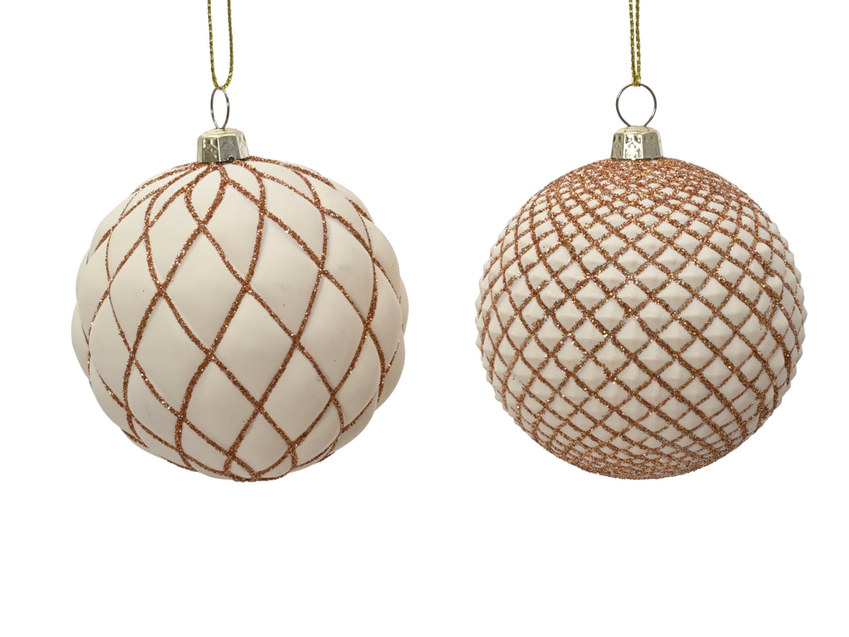 Palla di Natale 8cm bianco lana lucida, floccata in 2 assortimenti