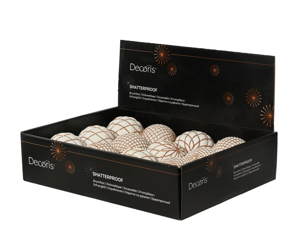 Palla di Natale 8cm bianco lana lucida, floccata in 2 assortimenti
