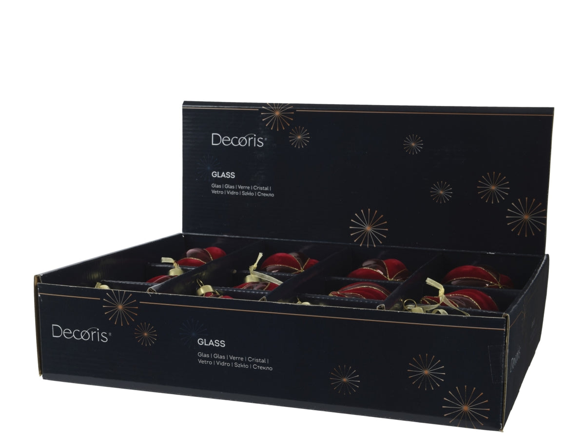 Palla di natale in vetro 8cm a righe floccata rosso in 3 assortimenti