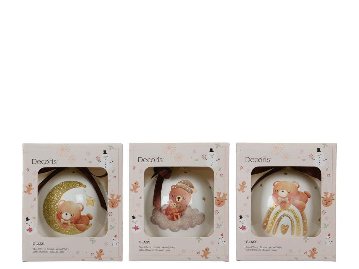 Palla di natale in vetro 10cm decorata con orsetto in 3 assortimenti