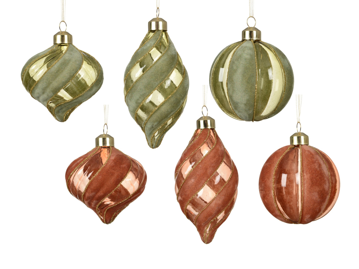 Palla di natale in vetro 8cm con spirale floccata in 6 assortimenti