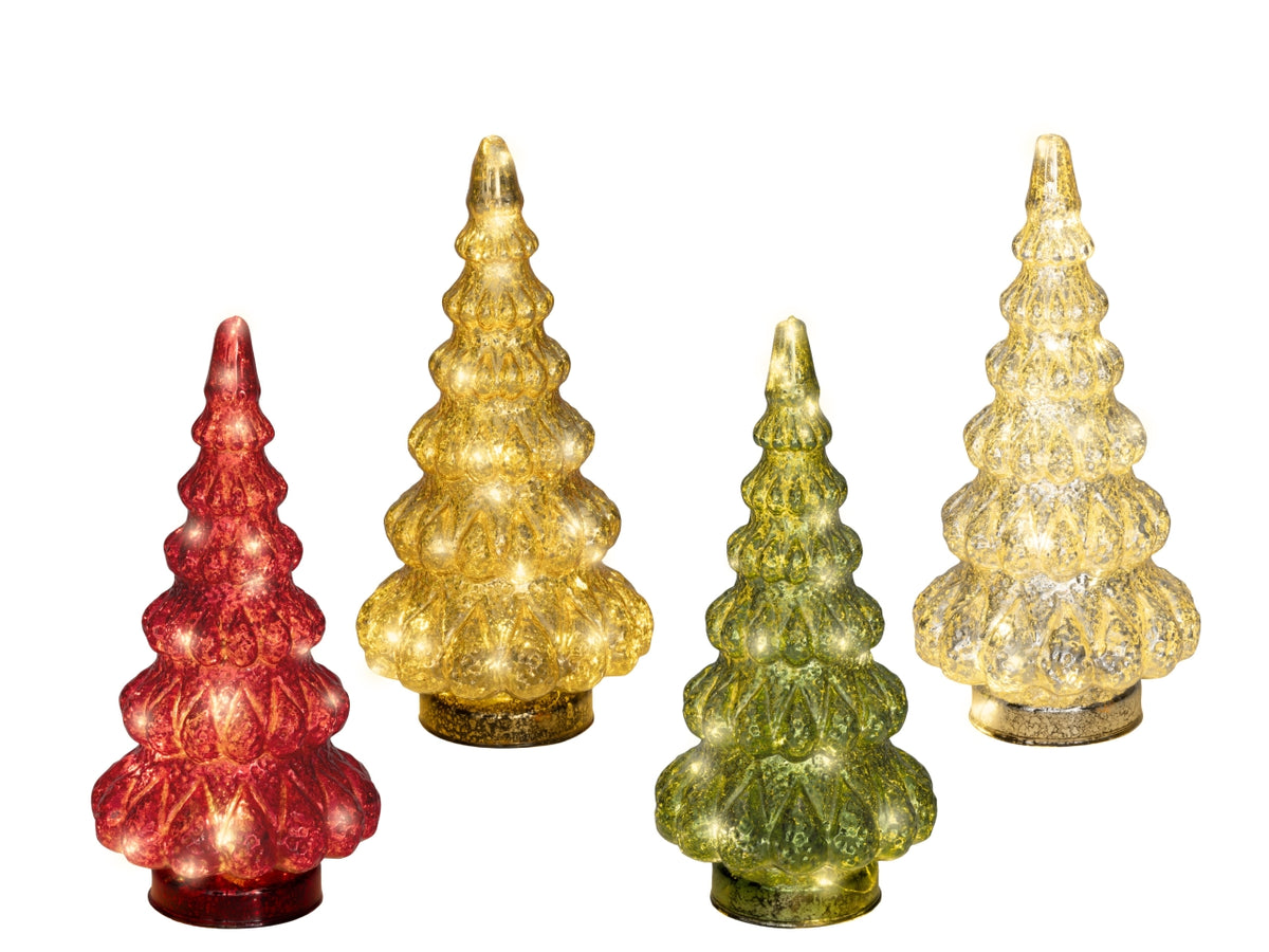 Albero di natale in vetro 25,5cm con led bianco caldo in 4 assortimenti