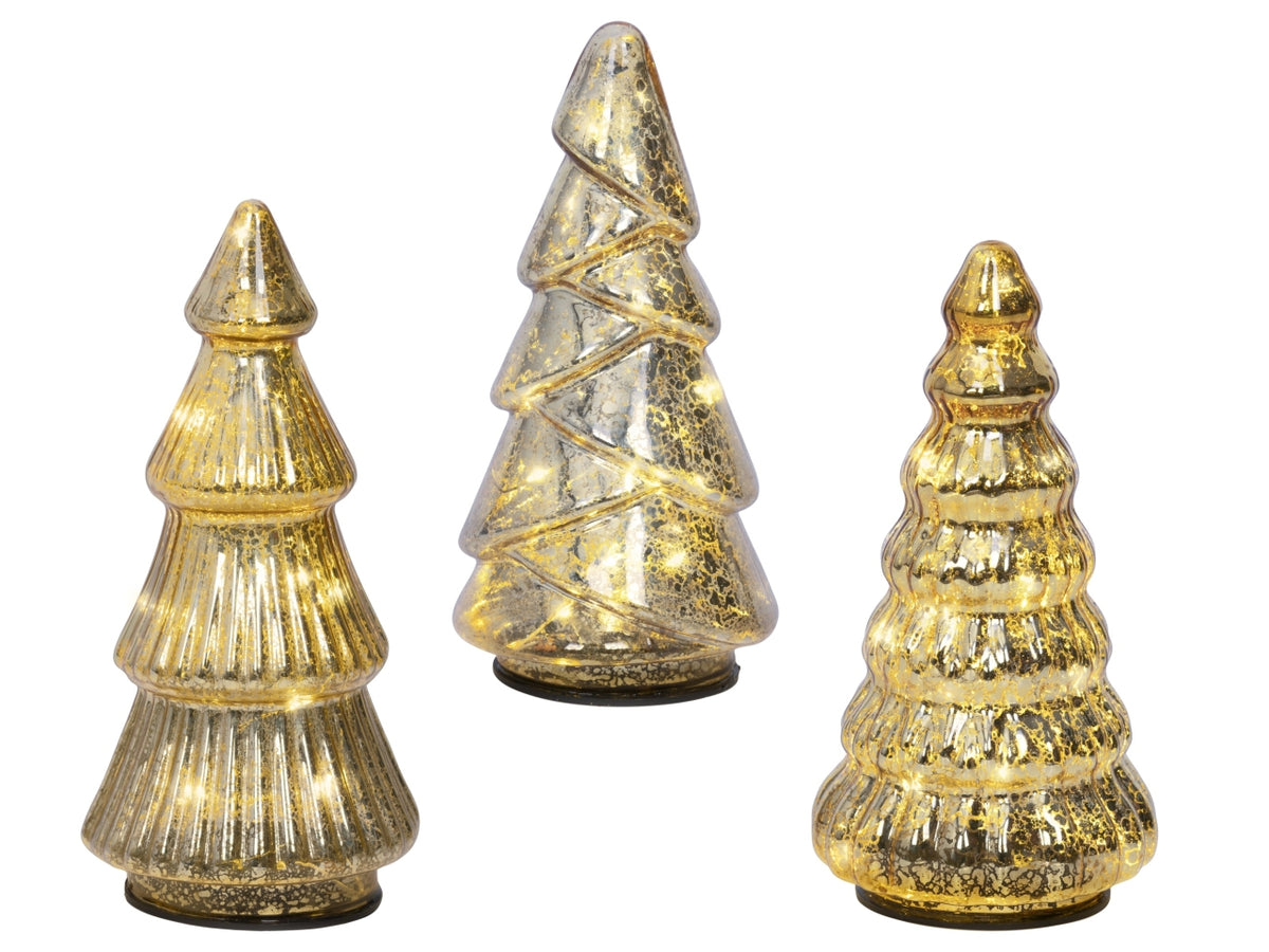 Albero di natale in vetro 17,5cm oro con led bianco caldo in 3 assortimenti