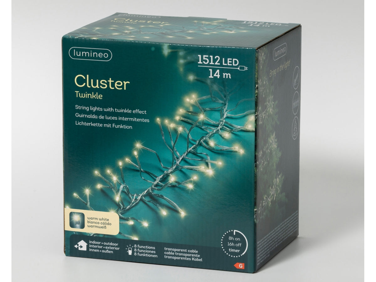 Catena di luci con 1512 cluster bianco caldo a 8 funzioni, filo trasparente per uso interno/esterno