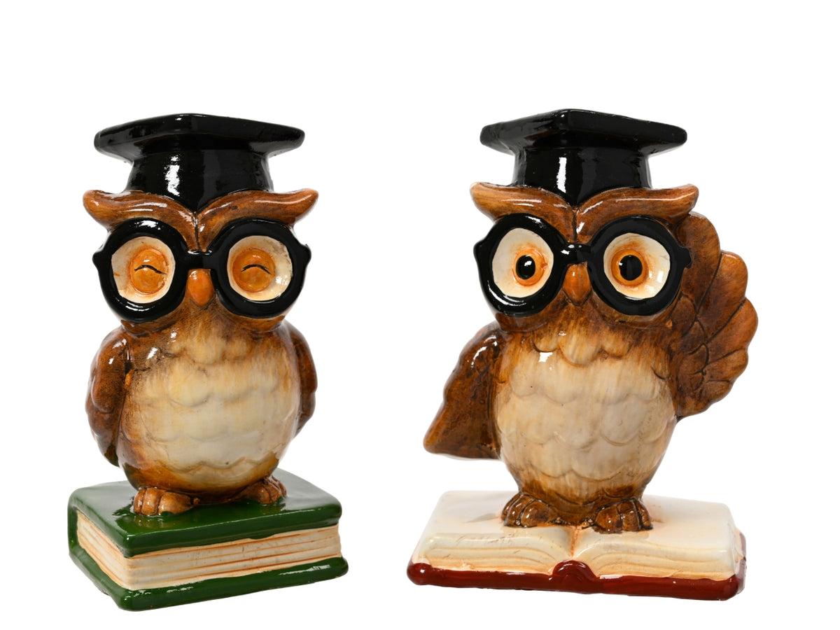 Gufo decorativo 11,5cm con libro in terracotta in 2 assortimenti