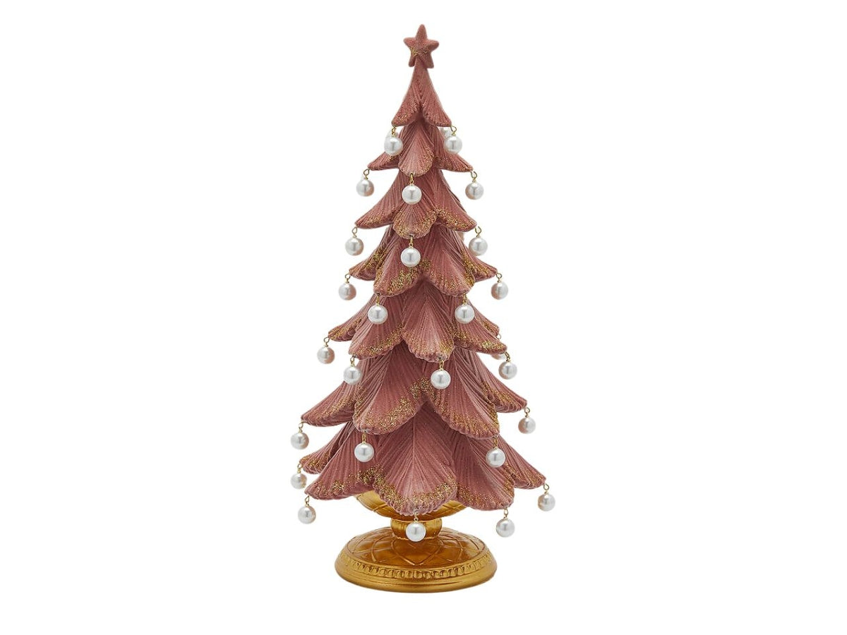 Albero poly 22xh.46cm in poliresina rosa con perline bianche