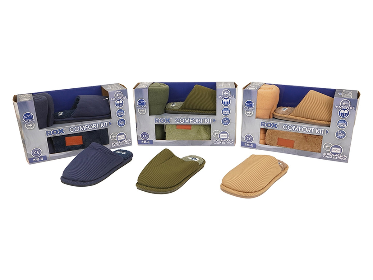 Set pantofola Rox da uomo taglia dalla 40 alla 45, plaid e borsa acqua calda elettrica, in 2 assortimenti di colore