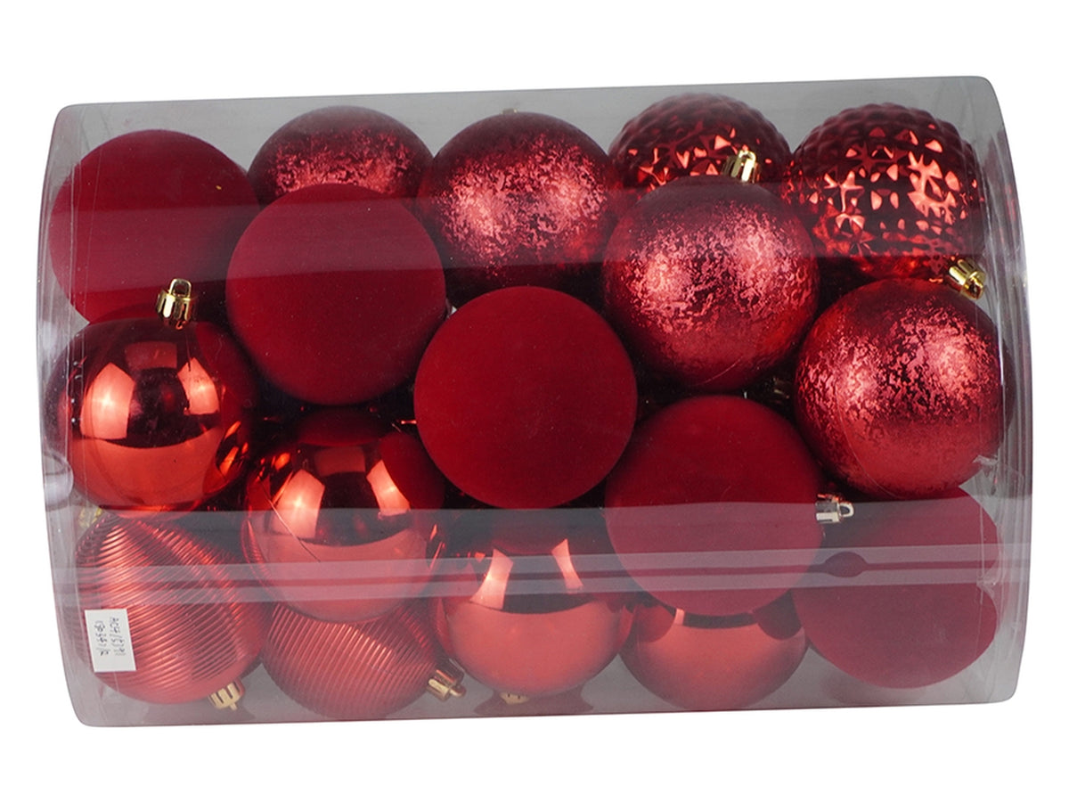 Set da 34 palle 8cm in mix di rossi, con finiture opache,lucide e glitterate