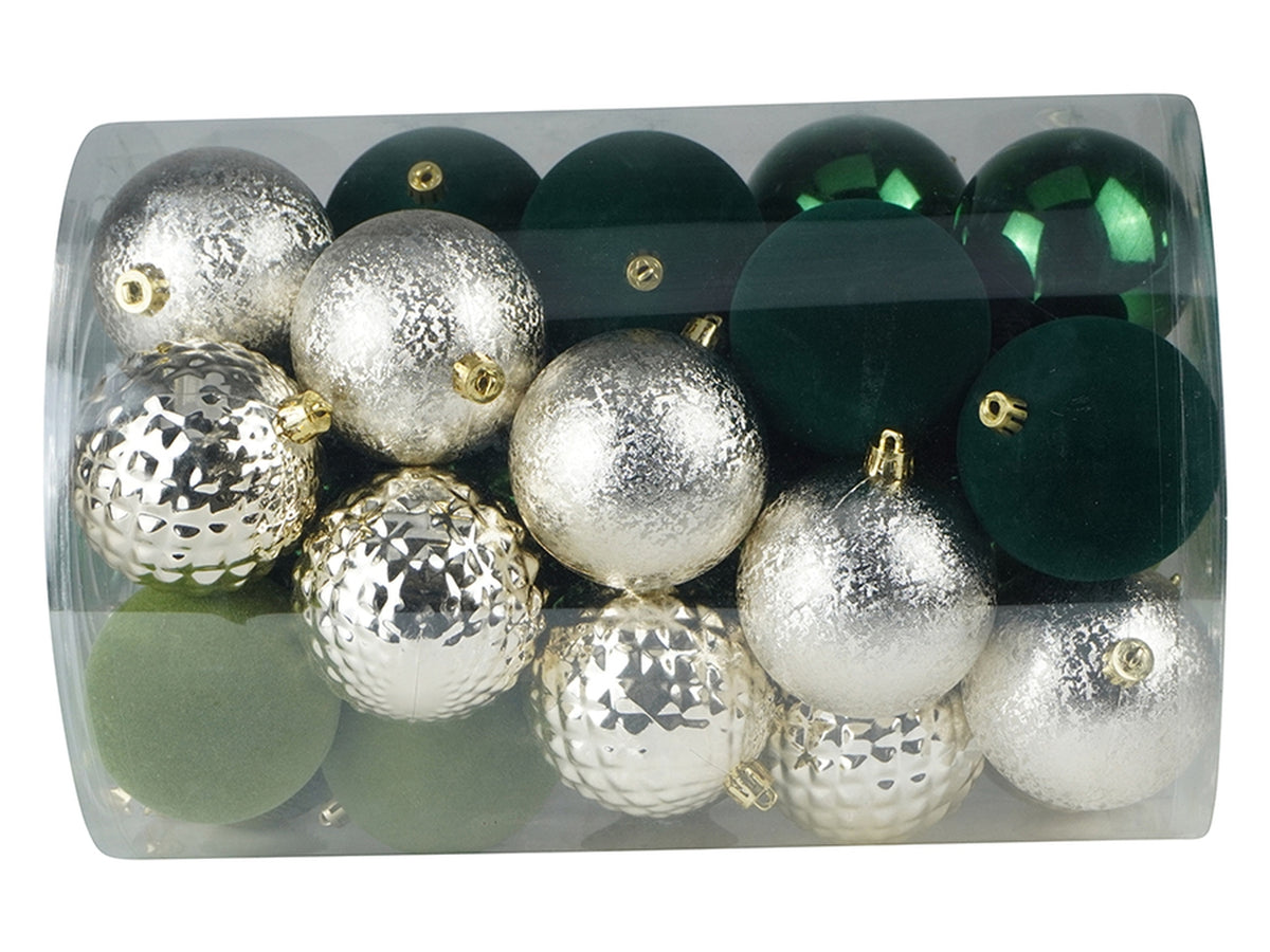 Set da 34 palle 8cm in toni caldi di verde e argento, con finiture opache,lucide e glitterate