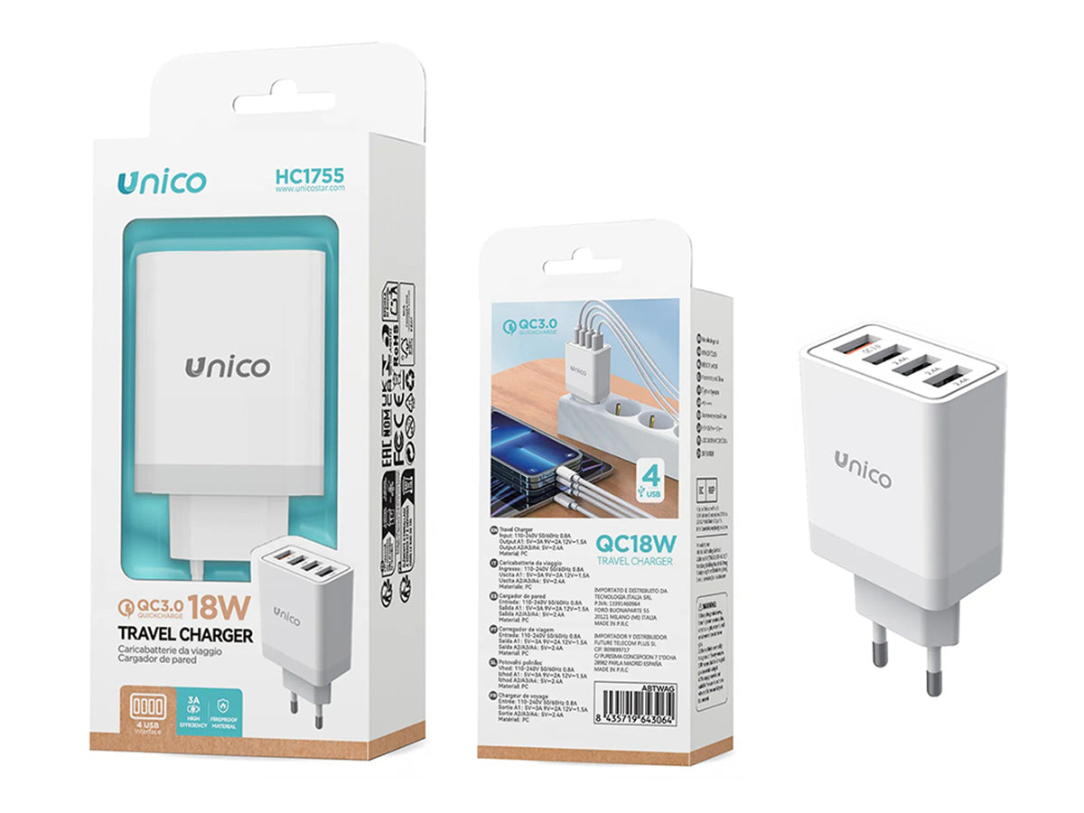 Caricatore DA viaggio 4porte 4x USB-A qc18w bianco