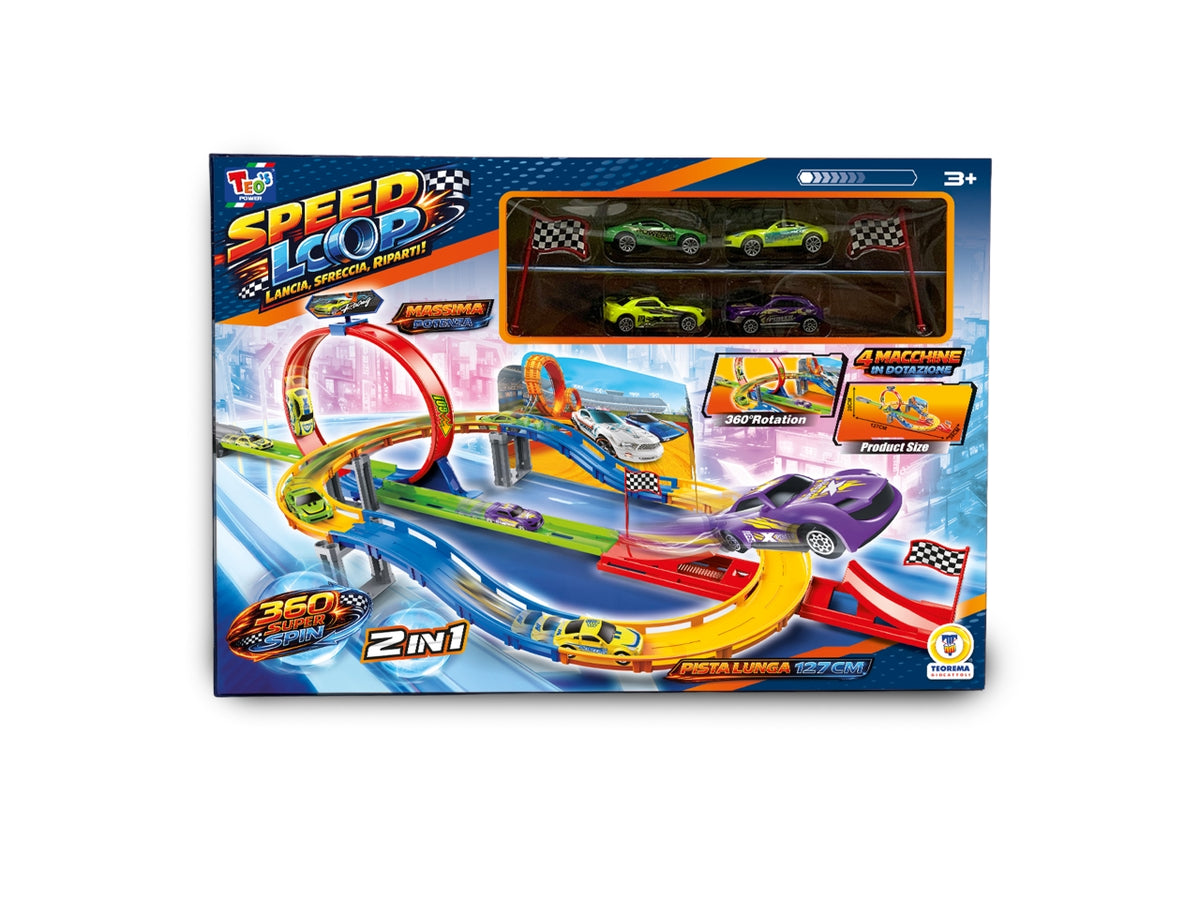 Teo's - pista racing cars c/giro 360° contiene 4 macchinine