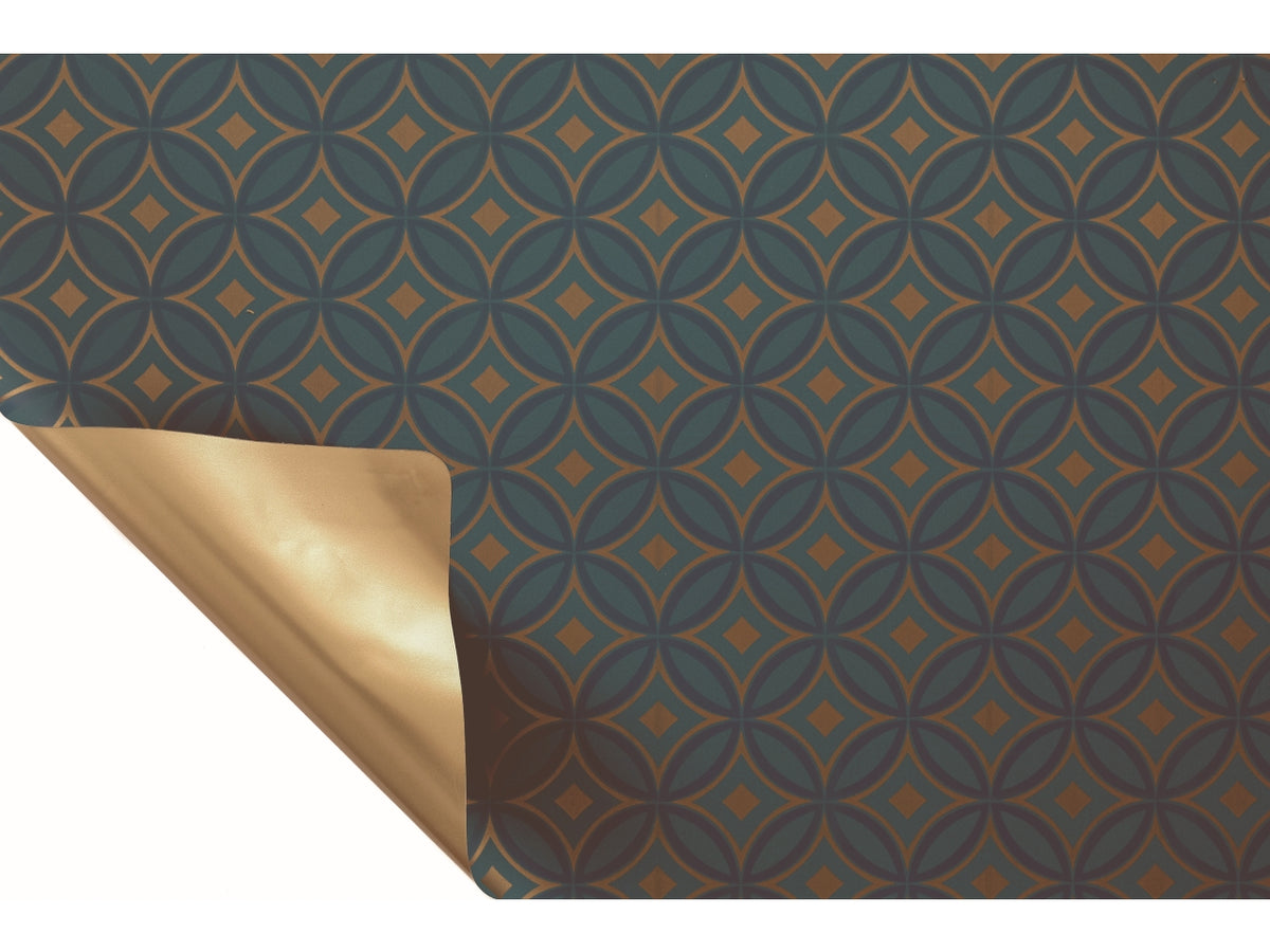 Bobina Retrò 50my 1x25mt double face fantasia ottanio e fondo pieno oro
