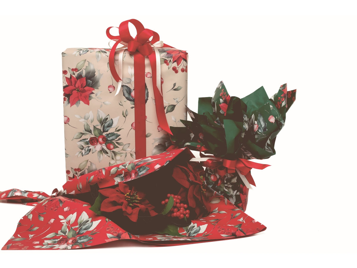 Bobina Xmas Flower 40my 1x25mt double face fantasia natalizia e fondo pieno verde