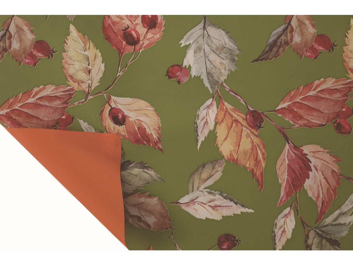 Bobina Fogliage 40my 1x25mt double face fantasia foglie verde oliva e fondo pieno arancio