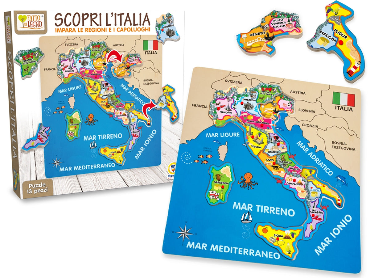 Fatto di legno, scopri l'Italia puzzle da 13 pezzi staccabili