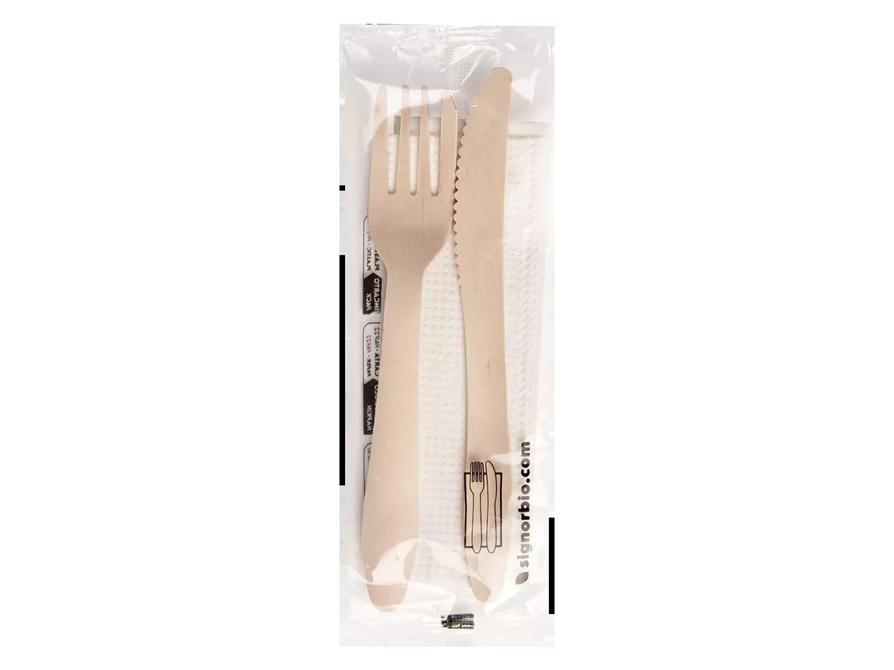 Bis posate in legno naturale Signor Bio 16,5cm con tovagliolo imbustati, confezione da 250 pezzi