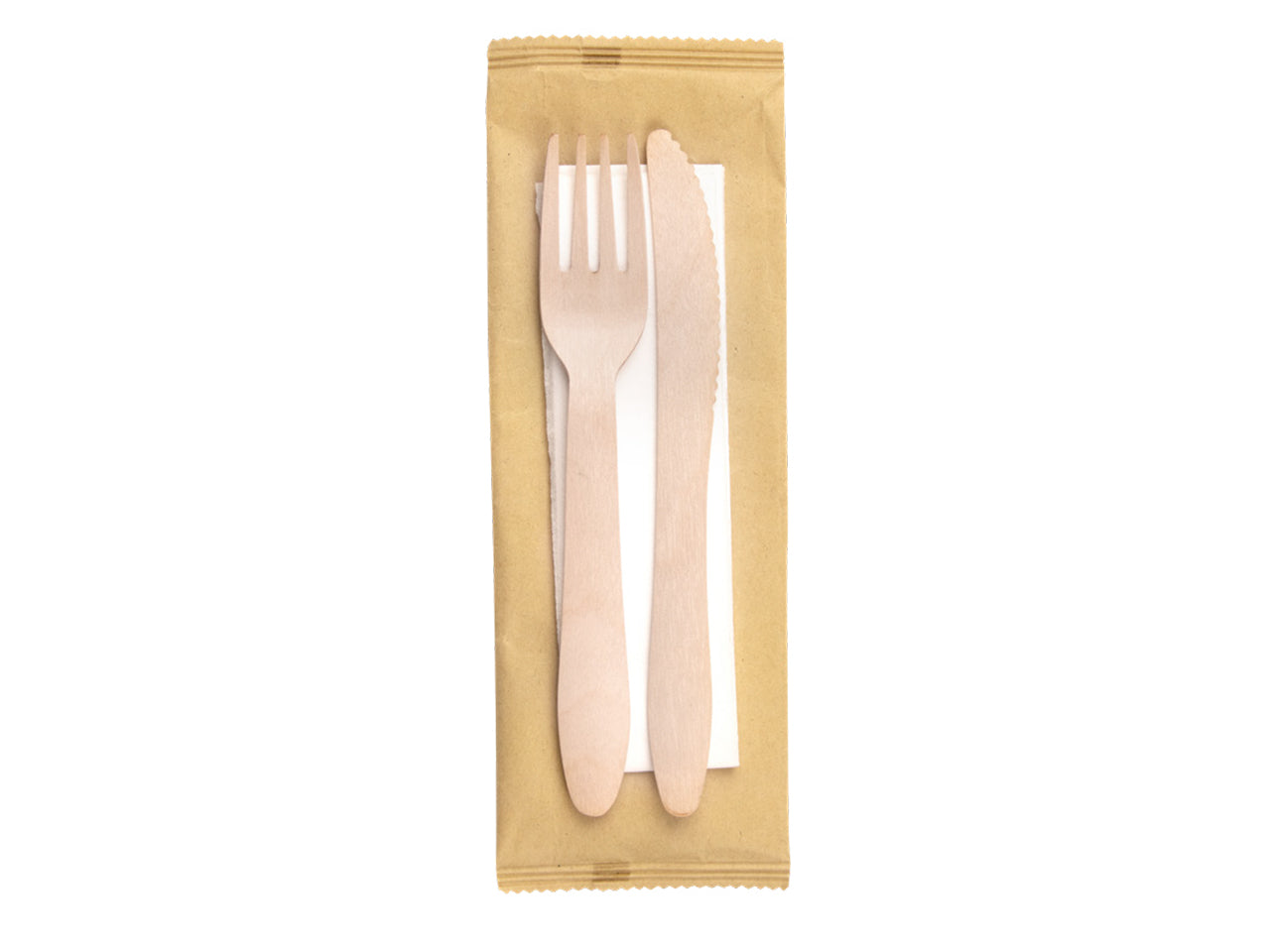 Bis posate in legno naturale Signor Bio 16,5cm con tovagliolo imbustati, confezione da 250 pezzi