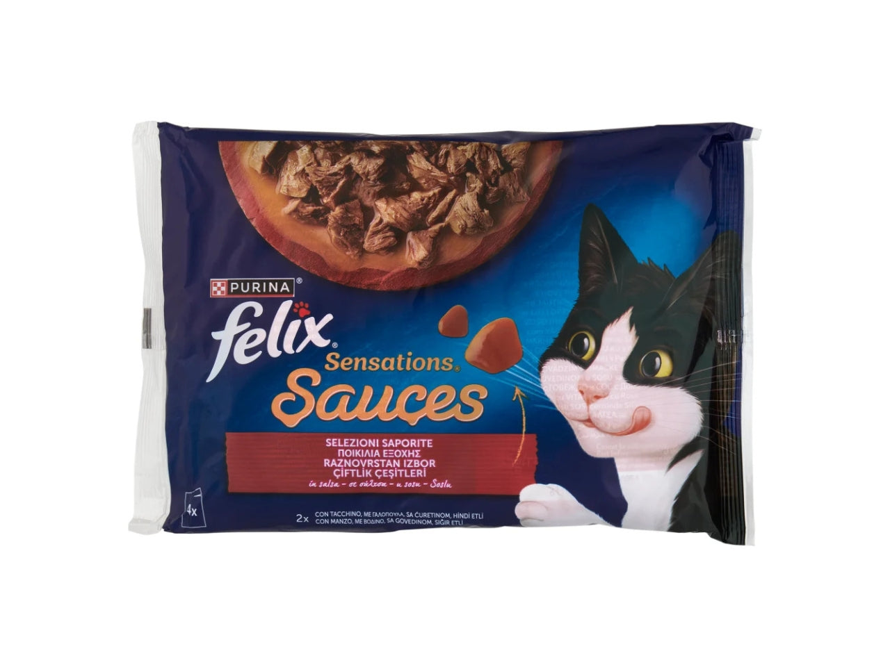Felix Sensation Sauces, cibo per gatti tacchino e manzo con salsa, 4 buste da 85gr