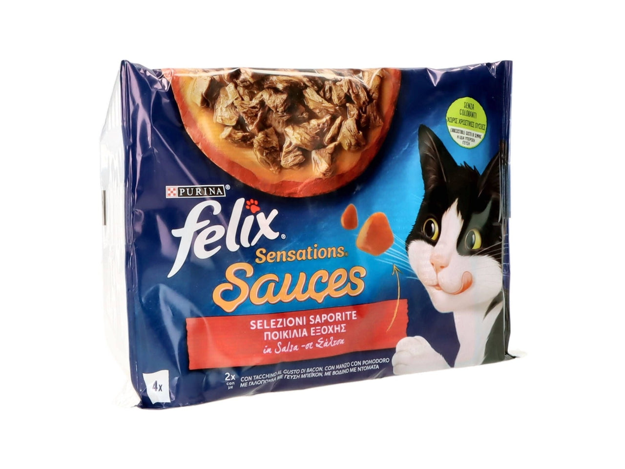 Felix Sensation Sauces, cibo per gatti tacchino e manzo con salsa, 4 buste da 85gr