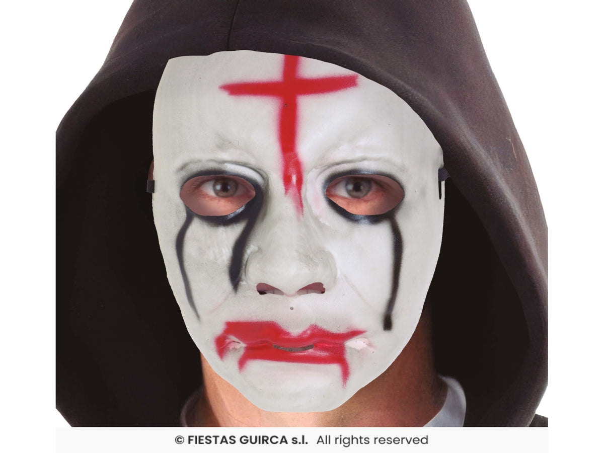 Maschera horror pvc bianca con croce rossa