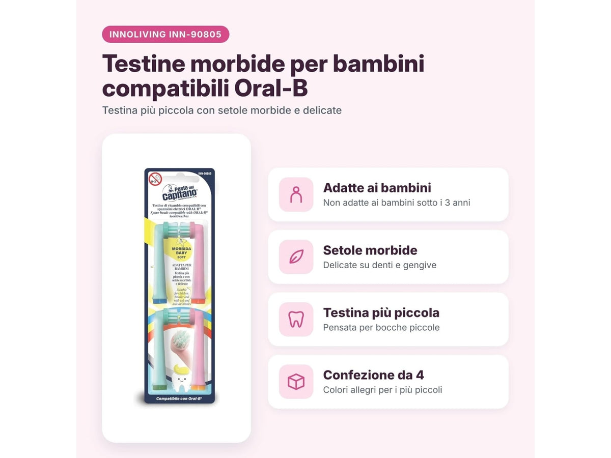 Pasta del Capitano set 4 testine di ricambio adatte per bambini, compatibili anche per spazzolini elettrici Oral B
