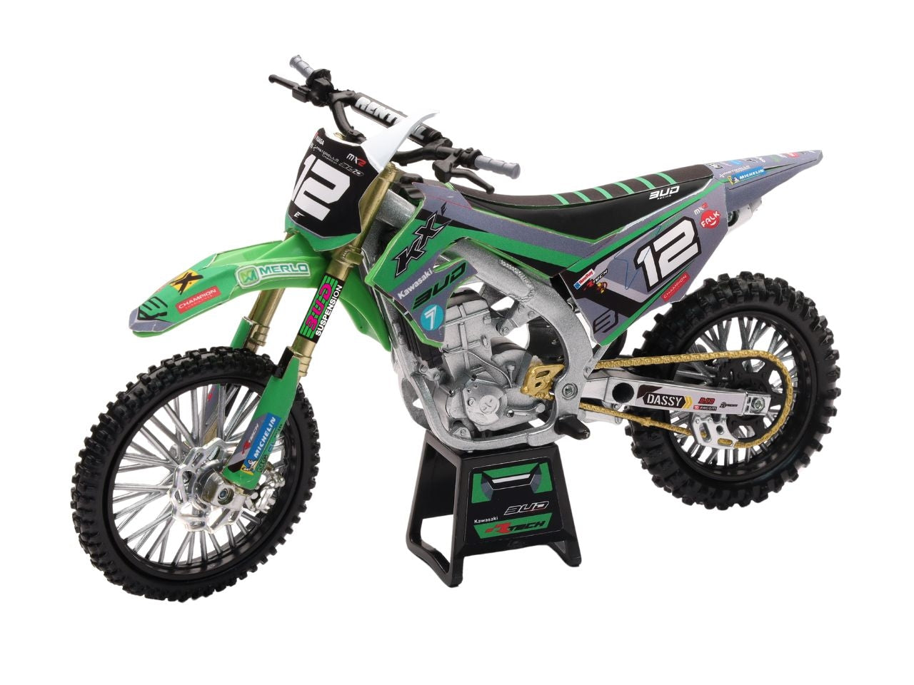 Kawasaki bud racing kx450 12" with sticker scala 1:12
