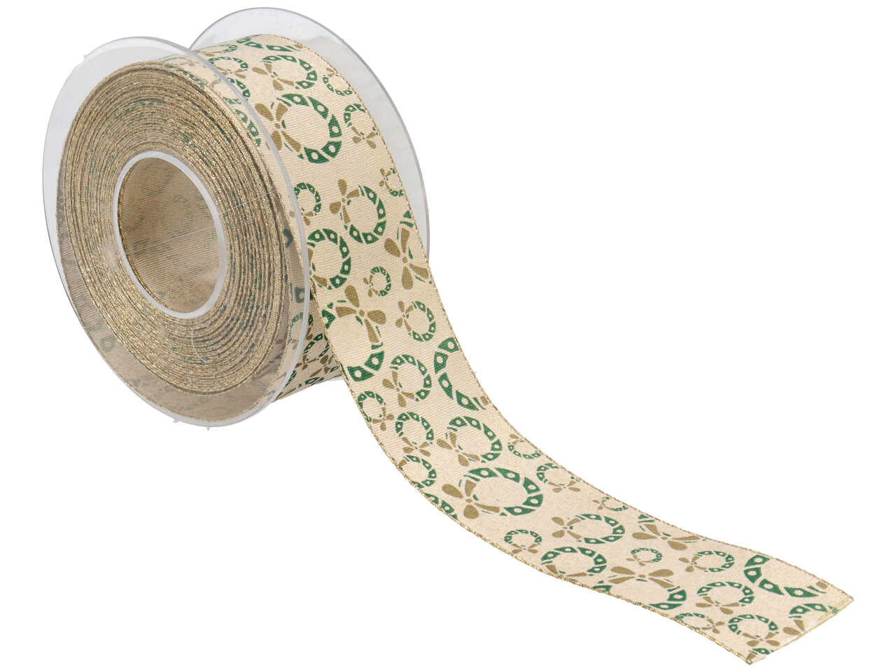 Nastro regalo natalizio ghirlande dorato, verdi e panna 4 cm x 15 m - Sirene