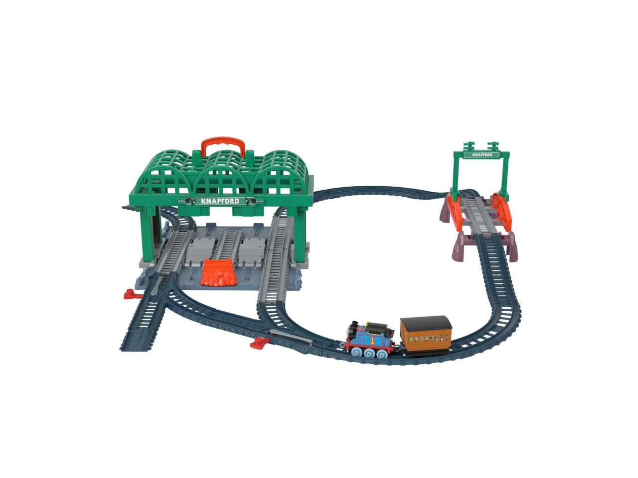 Thomas & Friends, Il Trenino Thomas, Stazione di Knapford pista con Playset 2 in 1 e Valigetta, Giocattolo per Bambini 3+ Anni - Mattel