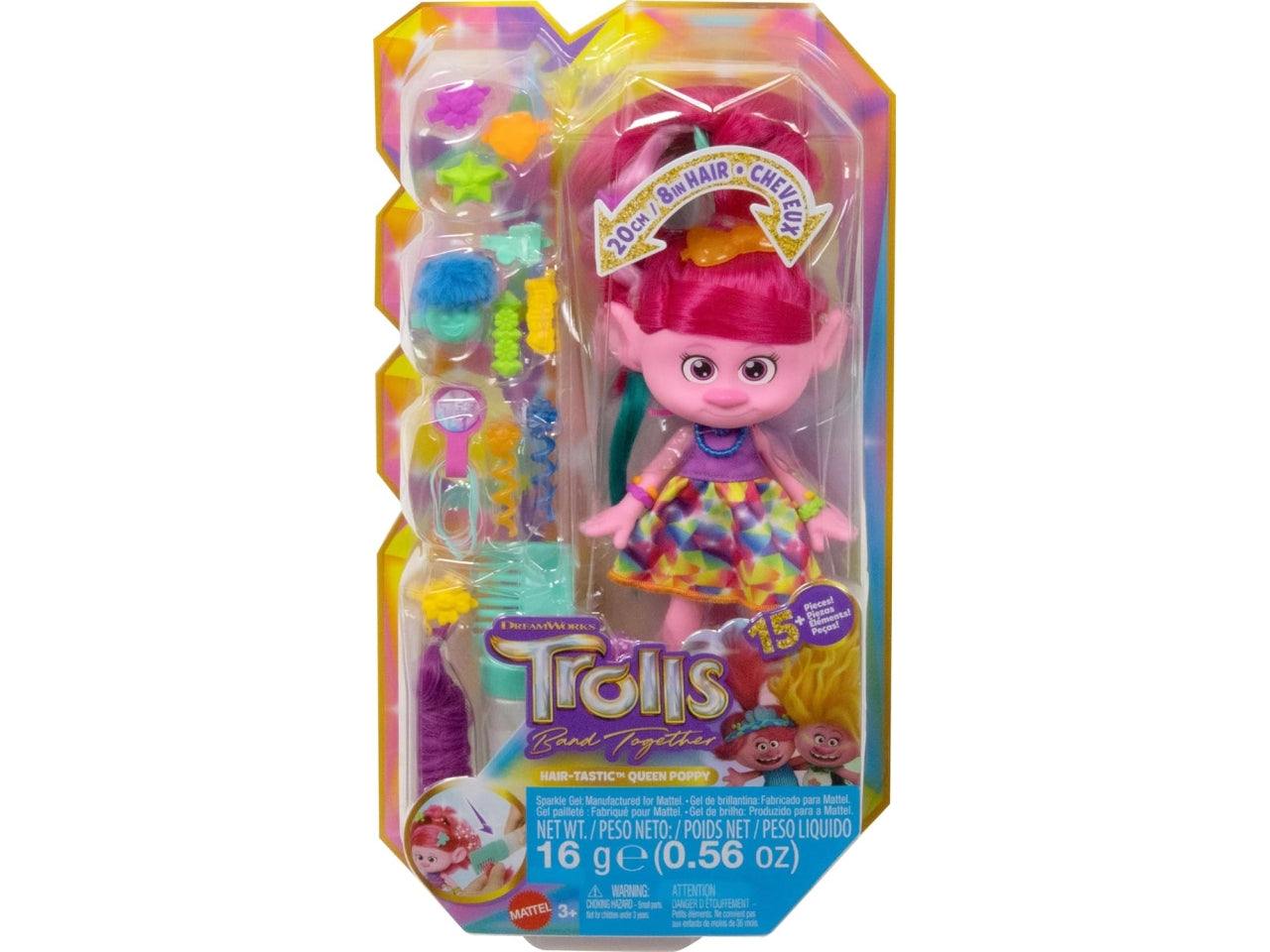 Trolls Regina Poppy con capelli glitter e 15+ accessori, per bambine dai 3+ anni, Mattel