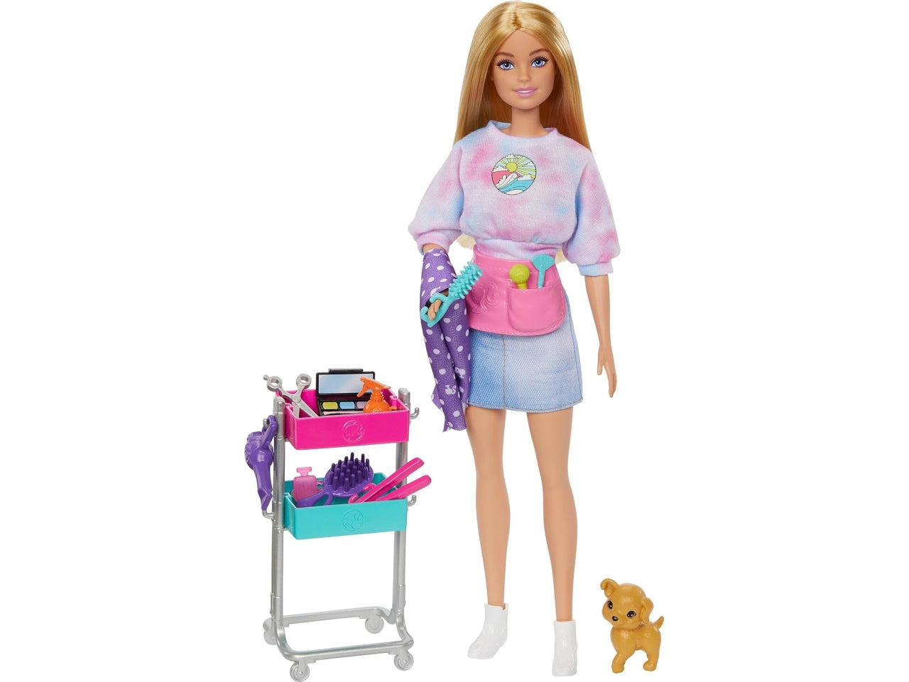 Malibu Stylist, playset con Bambola Malibu, Un Cucciolo, 14 Accessori a Tema Capelli e Trucco e Un carrellino per Lo Styling, Giocattolo per Bambini, 3+ Anni | Mattel