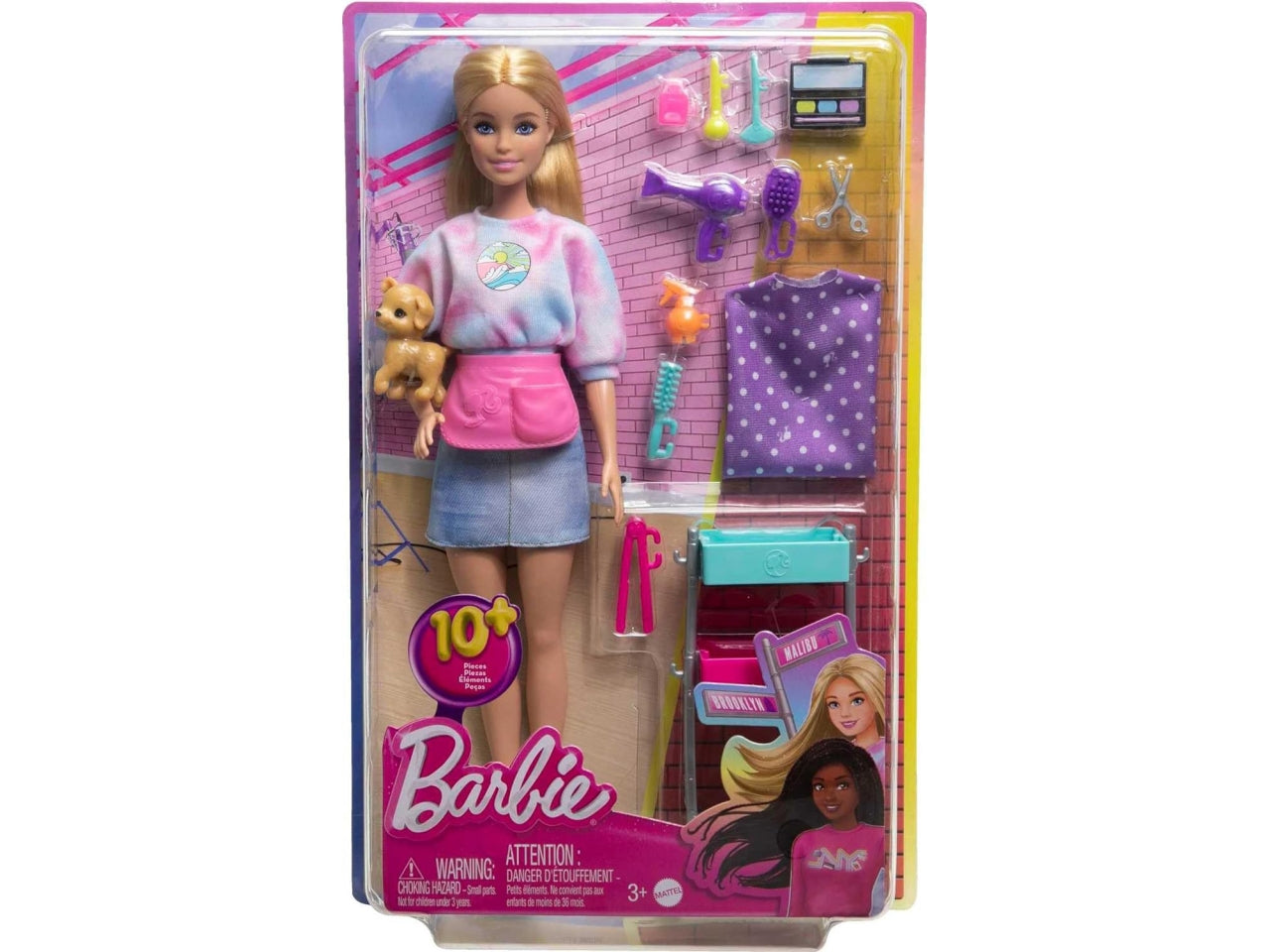 Malibu Stylist, playset con Bambola Malibu, Un Cucciolo, 14 Accessori a Tema Capelli e Trucco e Un carrellino per Lo Styling, Giocattolo per Bambini, 3+ Anni | Mattel