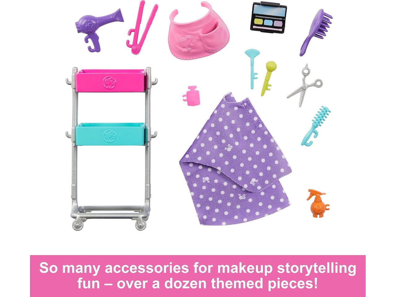 Malibu Stylist, playset con Bambola Malibu, Un Cucciolo, 14 Accessori a Tema Capelli e Trucco e Un carrellino per Lo Styling, Giocattolo per Bambini, 3+ Anni | Mattel