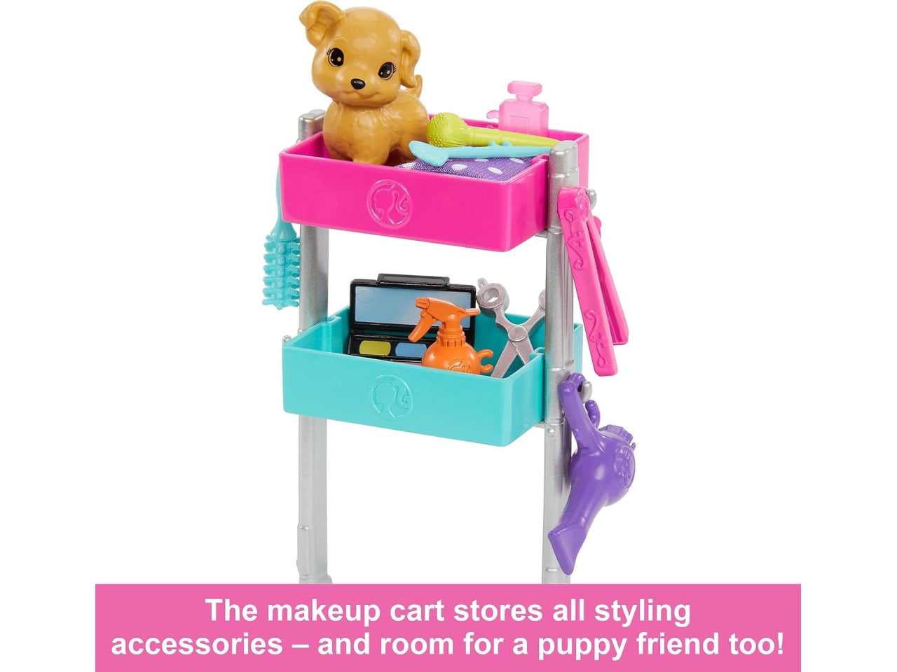 Malibu Stylist, playset con Bambola Malibu, Un Cucciolo, 14 Accessori a Tema Capelli e Trucco e Un carrellino per Lo Styling, Giocattolo per Bambini, 3+ Anni | Mattel