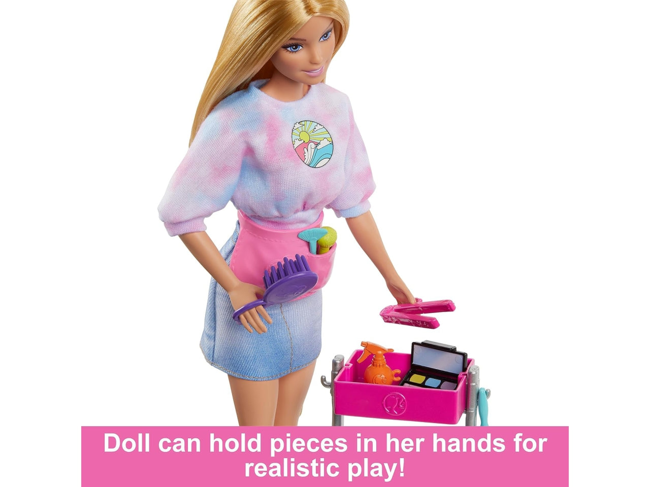 Malibu Stylist, playset con Bambola Malibu, Un Cucciolo, 14 Accessori a Tema Capelli e Trucco e Un carrellino per Lo Styling, Giocattolo per Bambini, 3+ Anni | Mattel