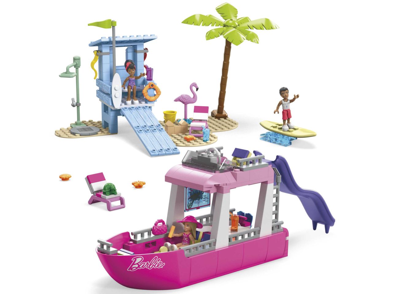 Mattel barbie mega barca dei sogni con 3 micro dolls e 2 animali inclusi da costruire con 317 mattoncini