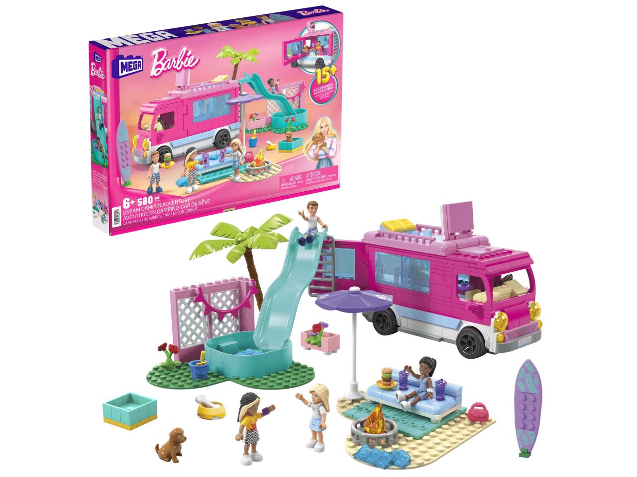 Mattel barbie mega camper dei sogni con 4 micro dolls incluse e tanti accessori da costruire con 580 mattoncini
