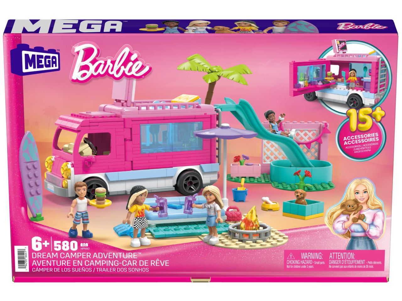 Mattel barbie mega camper dei sogni con 4 micro dolls incluse e tanti accessori da costruire con 580 mattoncini