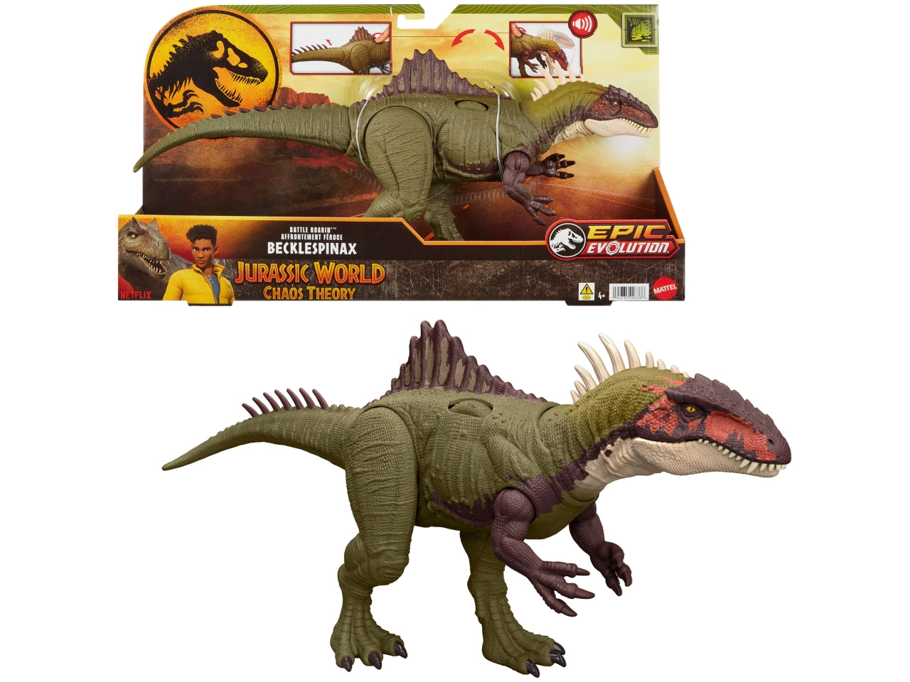 Mattel Jurassic World: Teoria del Caos Netflix - Becklespinax Battaglie Ruggenti dinosauro con elementi sonori e d'azione ruggito colpo di testa furioso e aculei che si estendono 4+ anni HXF52