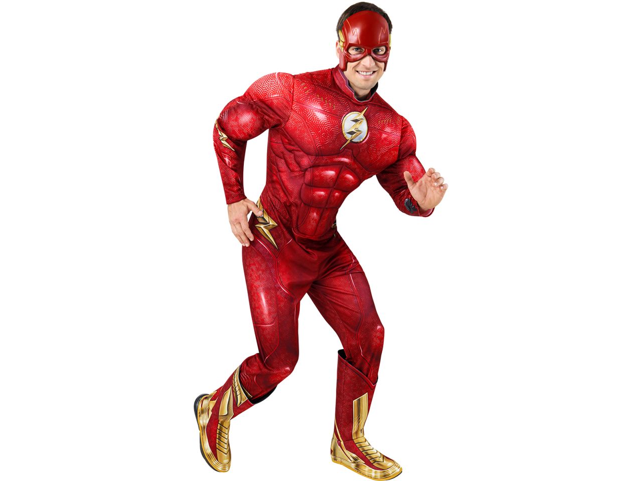 Rubies costume flash deluxe taglia m per adulti - tuta con petto imbottito e copriscarpe, 1/2 maschera