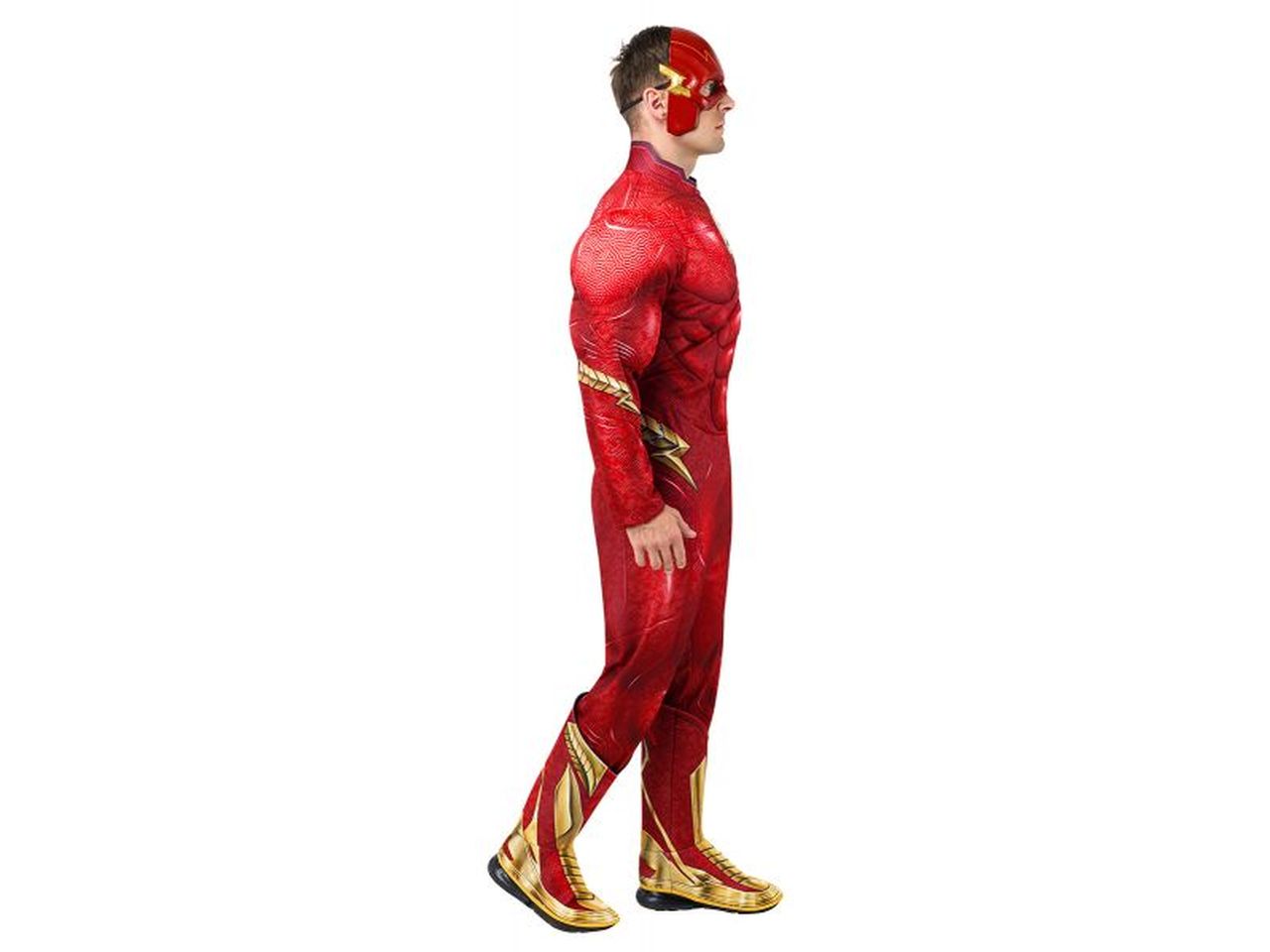 Rubies costume flash deluxe taglia l per adulti - tuta con petto imbottito e copriscarpe, 1/2 maschera