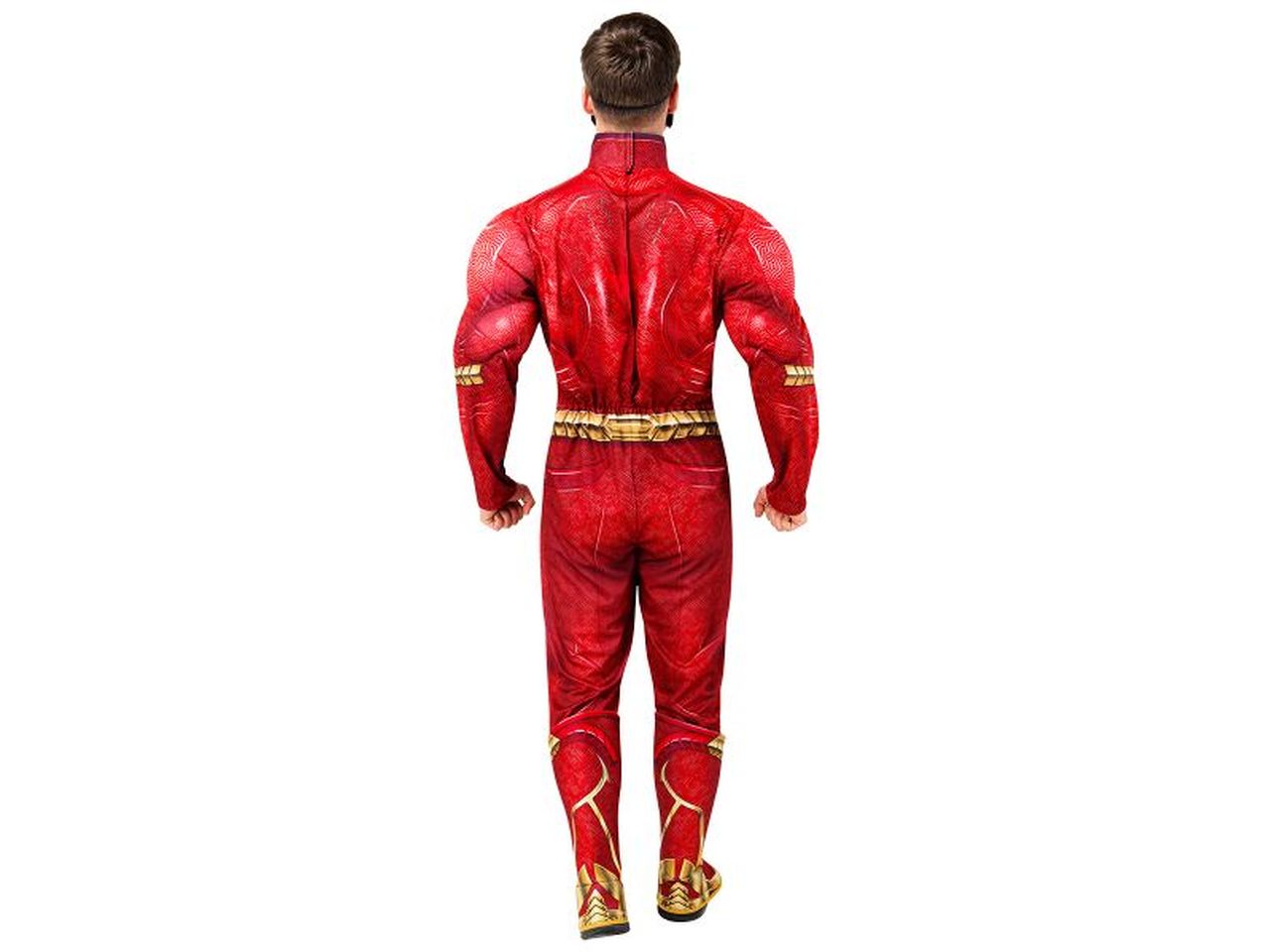 Rubies costume flash deluxe taglia l per adulti - tuta con petto imbottito e copriscarpe, 1/2 maschera