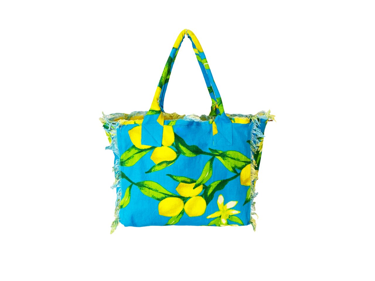 Borsa frange in canvas a fantasia limoni con fondo turchese
